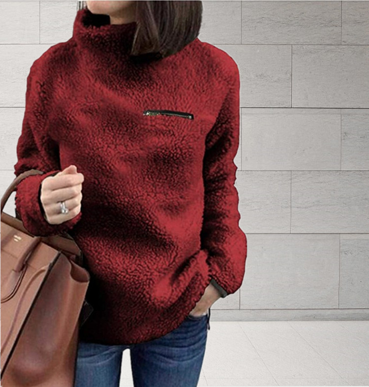 Women Fleece Tops Autumn Winter Warm Turtleneck Zipper Long Sleeve Casual Pullover wine red