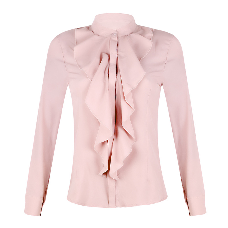 Women Blouse Spring Autumn Ruffles Long Sleeve Casual Slim Work Office Ol  Top Shirt Pink