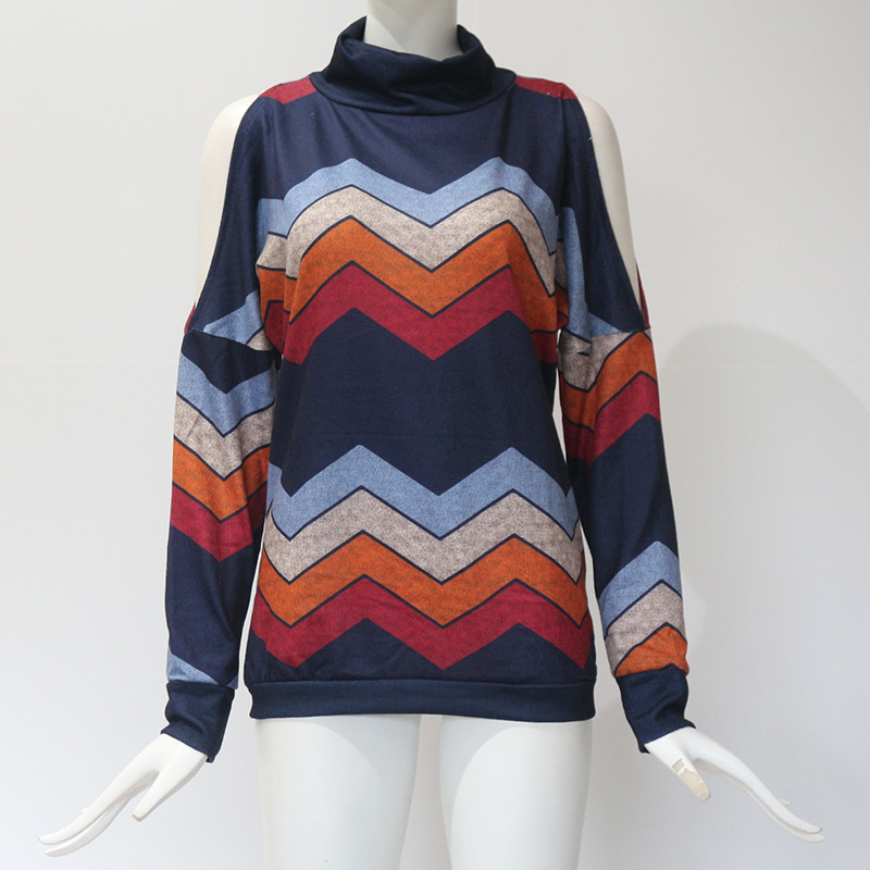 Women Knitted Sweater Off Shoulder Long Sleeve Casual Loose Turtleneck Geometric Printed Pullover Tops Navy Blue