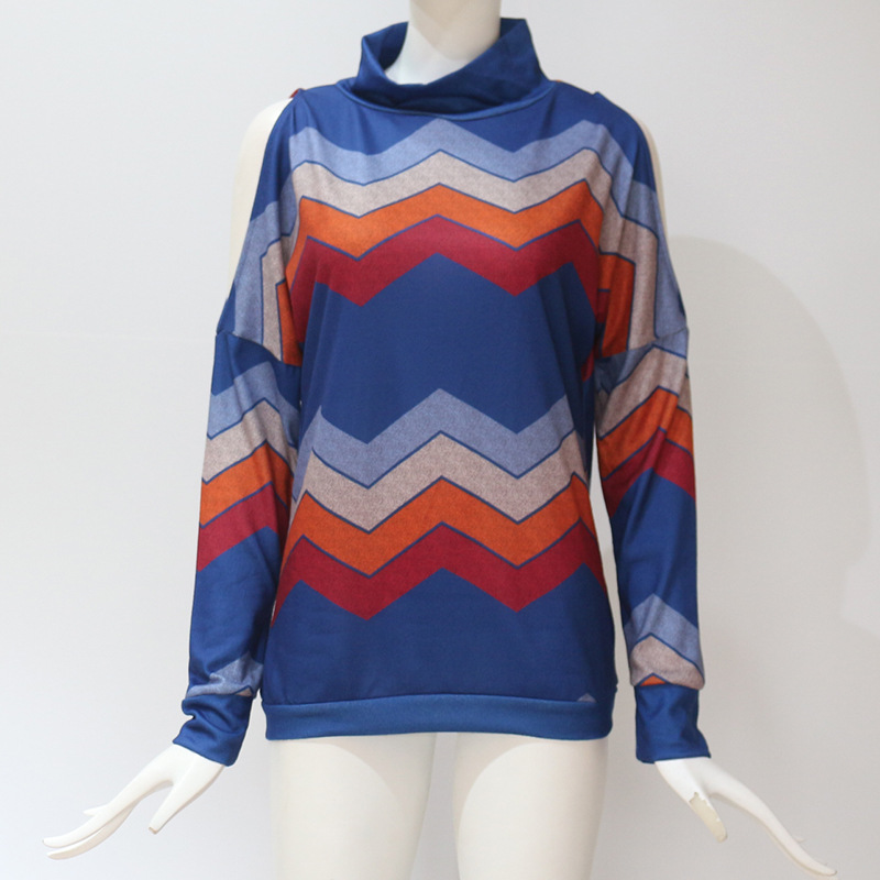 Women Knitted Sweater Off Shoulder Long Sleeve Casual Loose Turtleneck Geometric Printed Pullover Tops Royal Blue