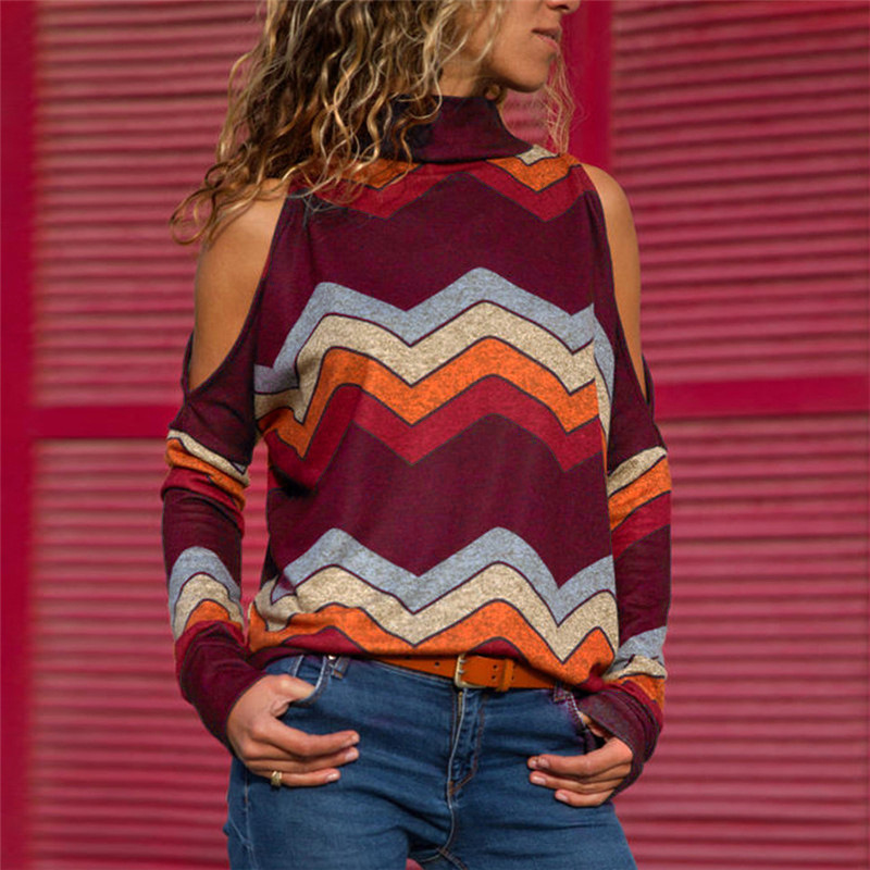 Women Knitted Sweater Off Shoulder Long Sleeve Casual Loose Turtleneck Geometric Printed Pullover Tops wine red