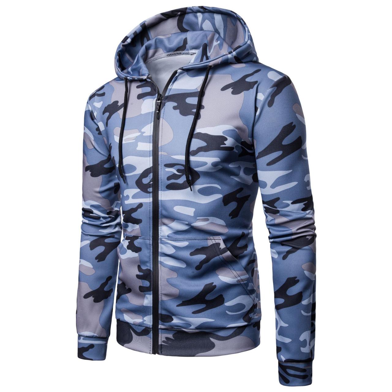 Men Camouflage Coat Spring Autumn Thin Slim Long Sleeve Zipper Hooded Jacket Windbreaker Outwear blue