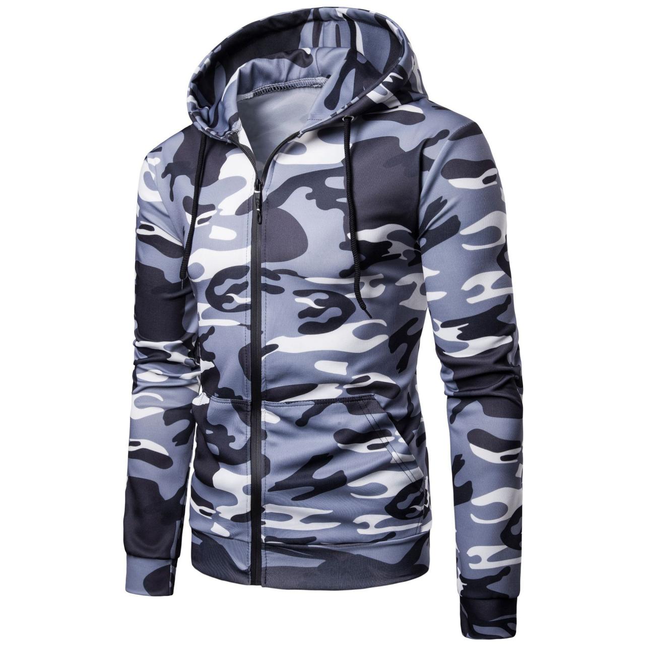 Men Camouflage Coat Spring Autumn Thin Slim Long Sleeve Zipper Hooded Jacket Windbreaker Outwear gray