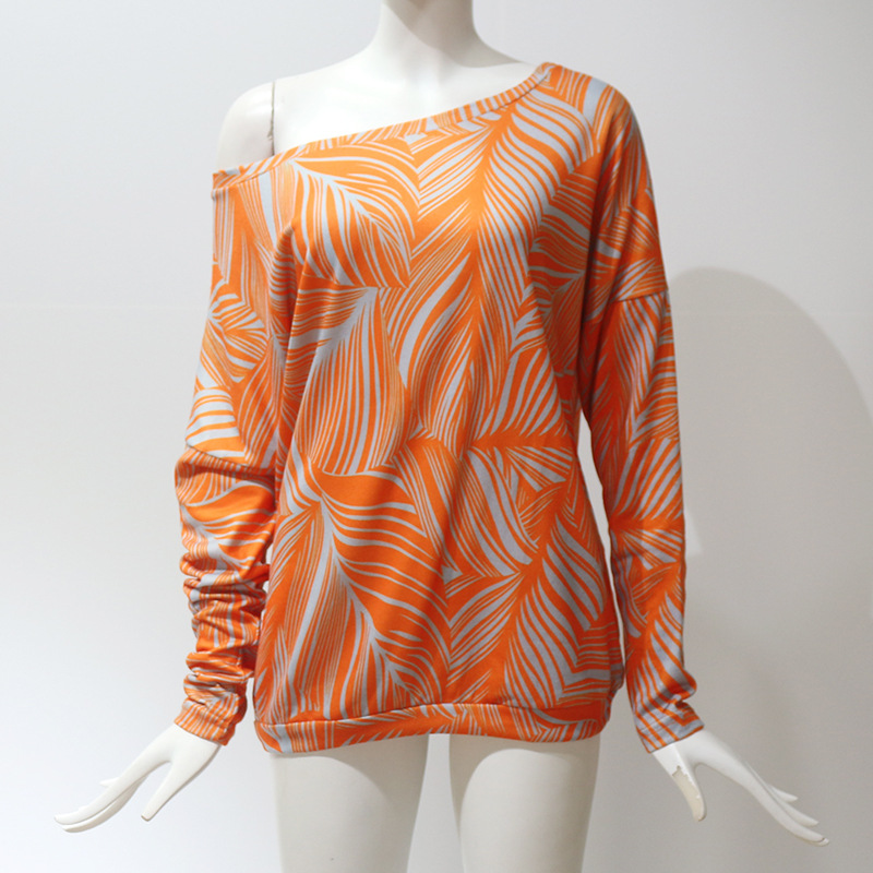 Women Long Sleeve T Shirt Spring Autumn Off Shoulder Casual Geometric Printed Pullover Tops Orange