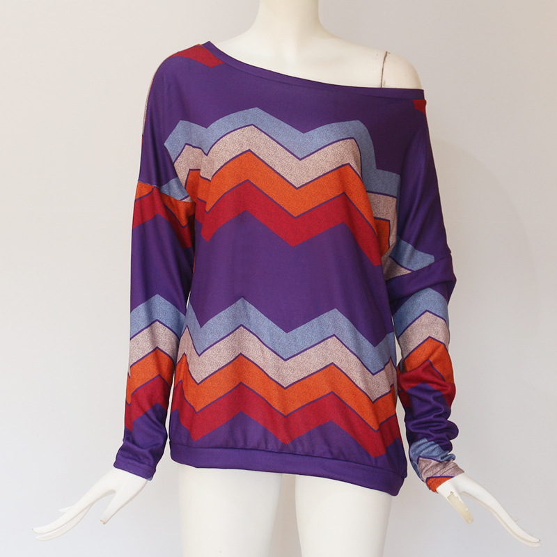 Women Long Sleeve T Shirt Spring Autumn Off Shoulder Casual Geometric Printed Pullover Tops Purple
