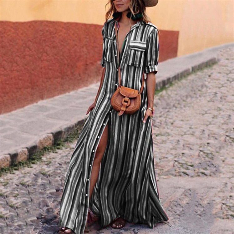 Women Striped Maxi Dress Short Sleeve ...