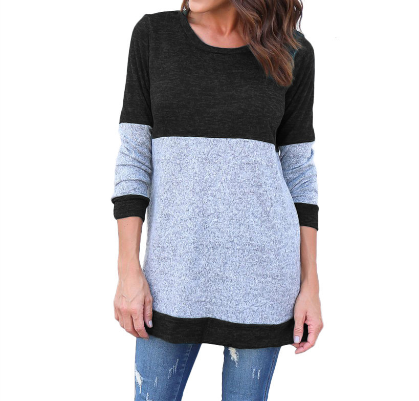 Women Long Sleeve T Shirt Spring Autumn Casual Patchwork Streetwear Pullover Tops Black