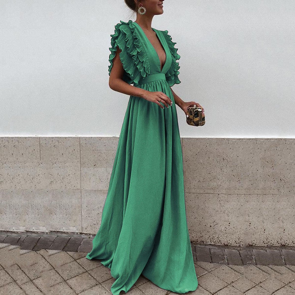 Women Maxi Dress Sexy V Neck Floor-Length Ruffles Short Sleeve Backless Long Party Dress green