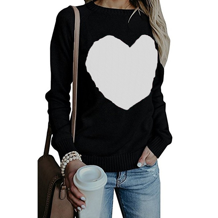 Women Knitted Sweater Autumn Winter Long Sleeve Heart Pattern Casual Loose Pullover Tops Black