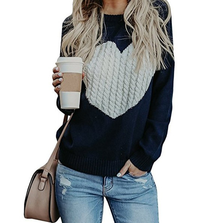 Women Knitted Sweater Autumn Winter Long Sleeve Heart Pattern Casual Loose Pullover Tops Navy Blue