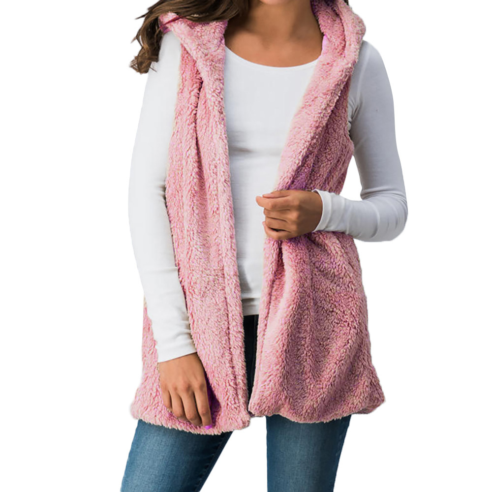Women Fleece Waistcoat Winter Warm Open Stitch Hooded Vest Casual Sleeveless Coat Outerwear pink