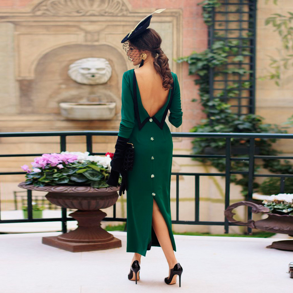 rare beauty hunter green backless maxi dress