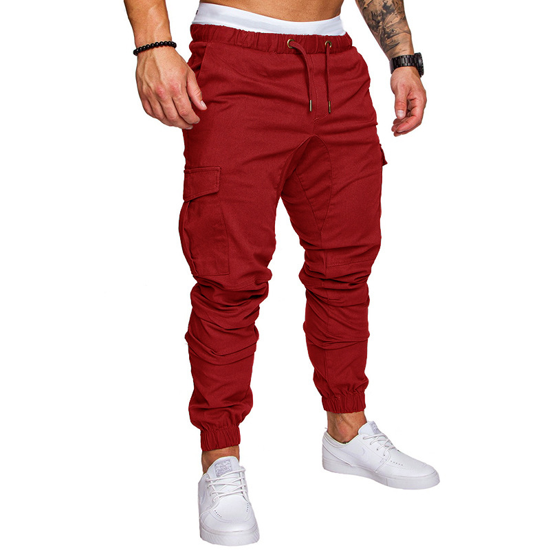  Men Pants Drawstring Waist Multi-Pocket Sports Hip Hop Harem Workout Joggers Casual Trousers red