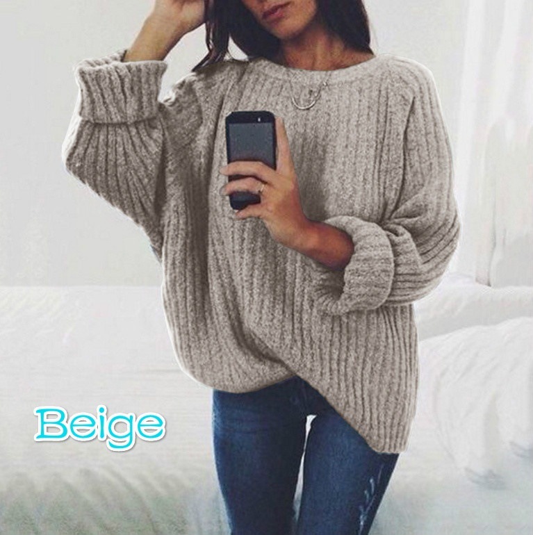 Women Knitted Sweater Autumn Winter Crew Neck Long Sleeve Casual Loose Pullover Tops beige