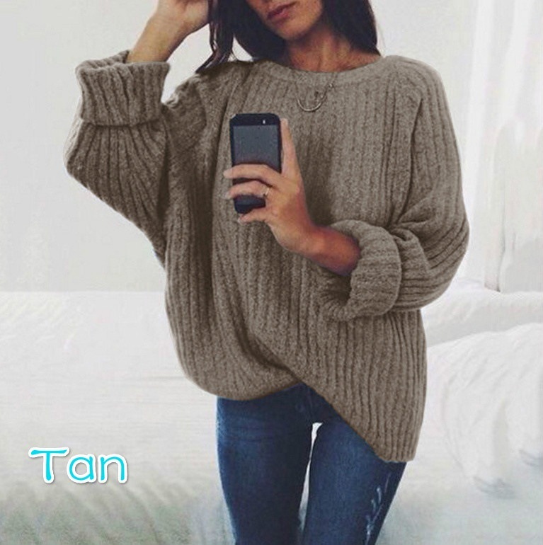 Women Knitted Sweater Autumn Winter Crew Neck Long Sleeve Casual Loose Pullover Tops tan