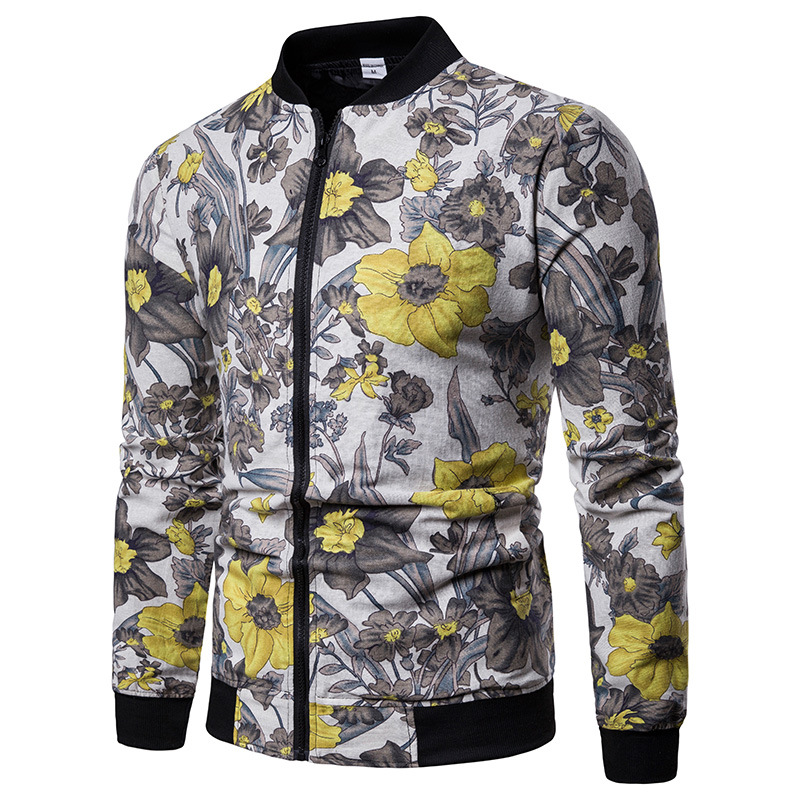  Men Floral Printed Coat Spring Autumn Long Sleeve Casual Slim Fit Bomber Baseball Windbreakers Jacket 16#