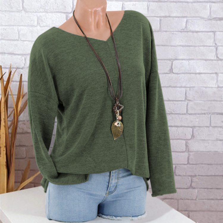 Women Knitted Sweater Autumn V Neck Long Sleeve Casual Loose Plus Size Pullover Tops Green