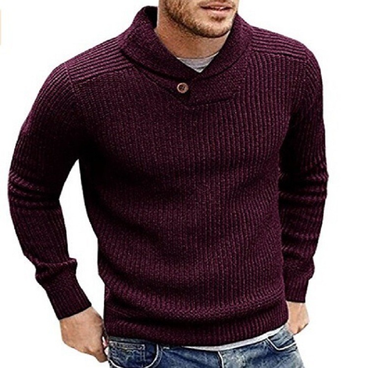 Men Knitted Sweater Autumn Winter Slim Warm Long Sleeve Casual Pullover Tops Wine Red