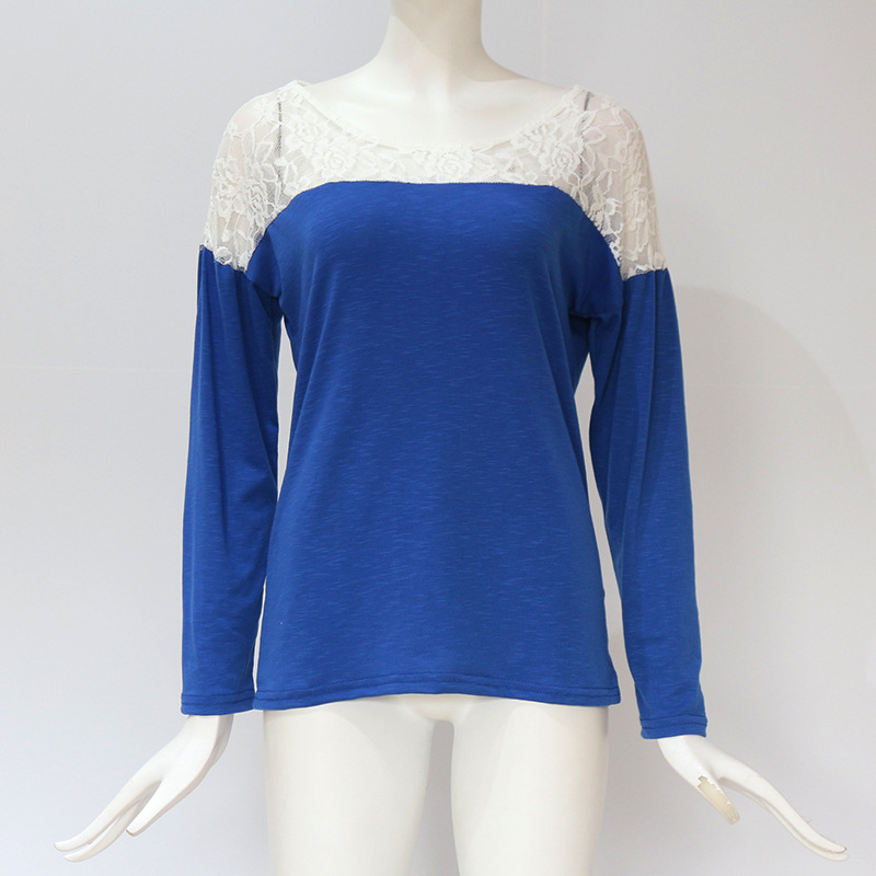 Women Long Sleeve T Shirt Spring Autumn Lace Patchwork Casual Pullover Tops Royal Blue