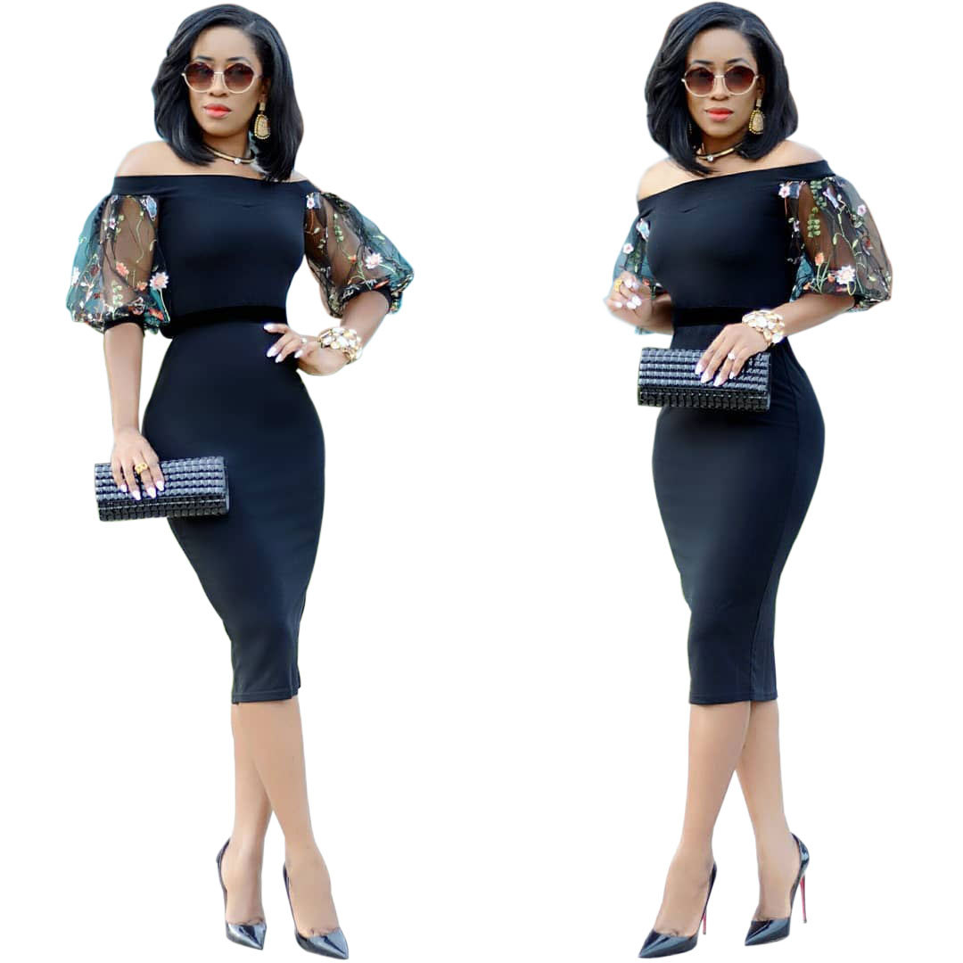 black off the shoulder pencil dress