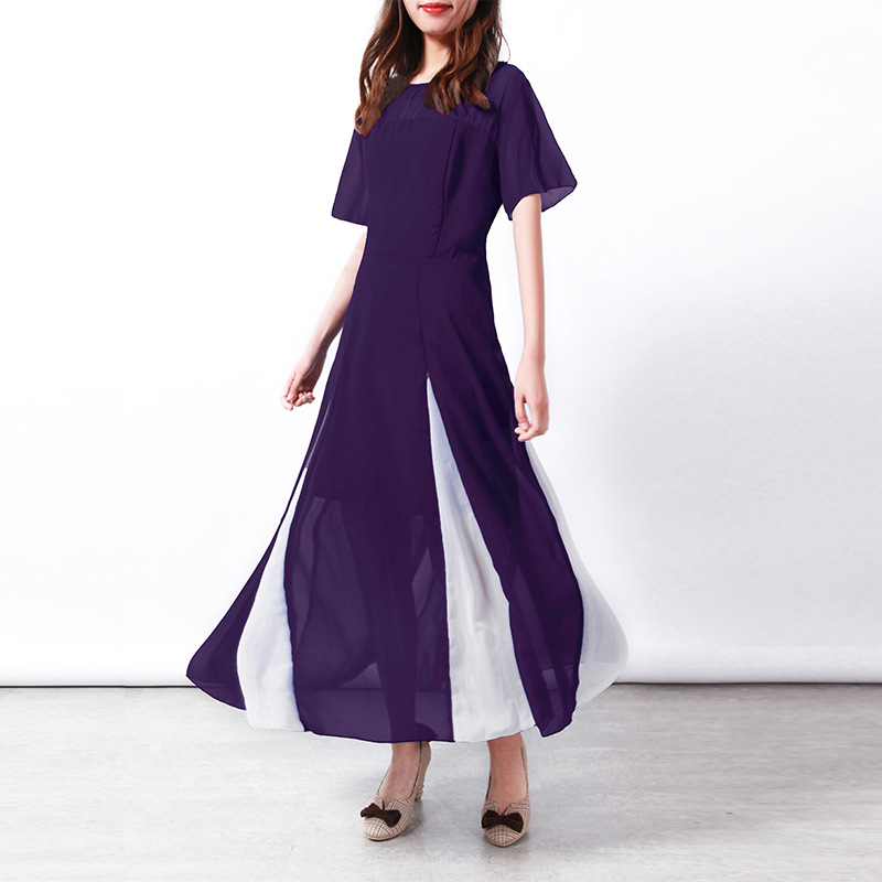  Women Maxi Dress Short Sleeve Patchwork Summer Casual Chiffon Long Dress purple
