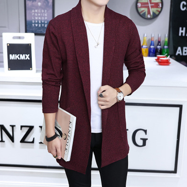 Men Sweater Coat Spring Autumn Long Sleeve Casual Slim Knitted Cardigan Jacket Outerwear wine red