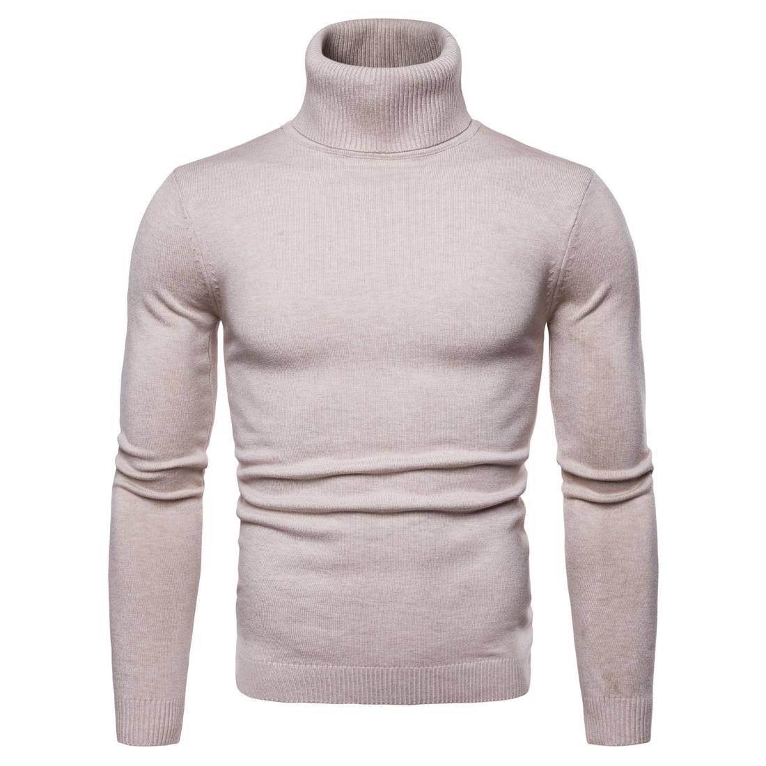Men Knitted Sweater Autumn Winter Turtleneck Long Sleeve Casual Slim Pullover Tops beige