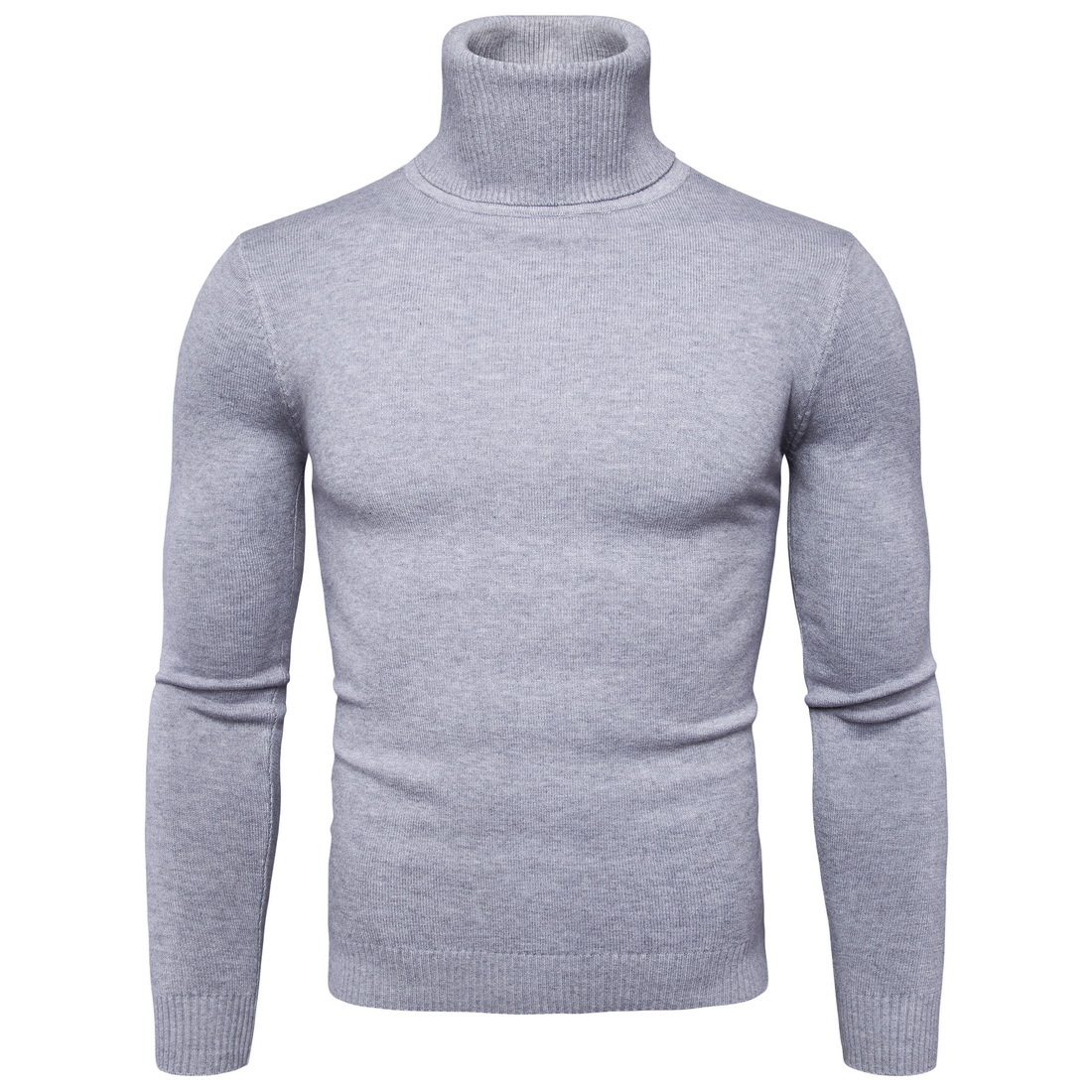 Men Knitted Sweater Autumn Winter Turtleneck Long Sleeve Casual Slim Pullover Tops light gray