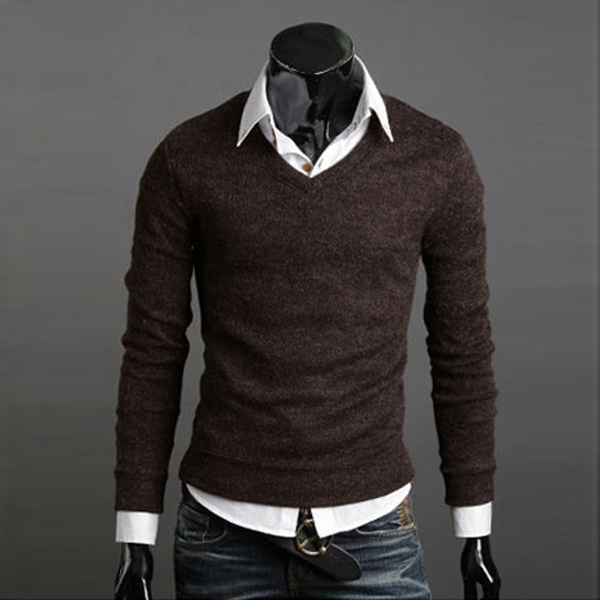  Men Knitwear Sweater Spring Autumn V Neck Long Sleeve Jumpers Casual Slim Pullover Tops coffee