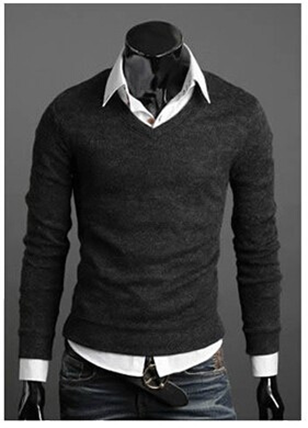  Men Knitwear Sweater Spring Autumn V Neck Long Sleeve Jumpers Casual Slim Pullover Tops dark gray