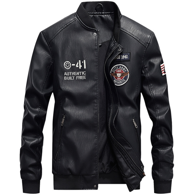 Men Faux PU Leather Coat Spring Autumn Stand Collar Long Sleeve Slim Fit Motorcycle Biker Jacket black