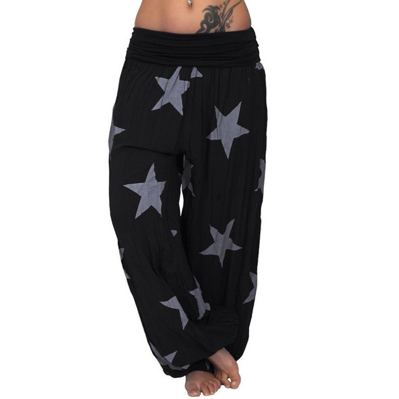 Women Star Printed Lantern Pants Elastic Waist Plus Size Hippie Baggy Casual Loose Wide Leg Trousers black