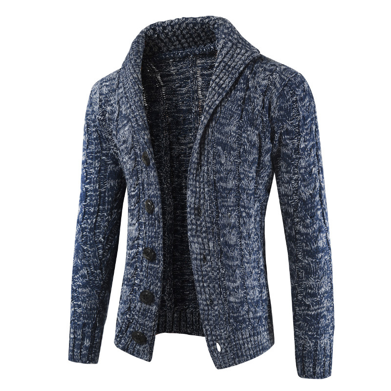  Men Sweater Coat Autumn Winter Warm Long Sleeve Casual Turn-Down Collar Button Knitted Cardigan Jacket navy blue