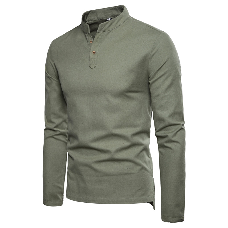  Men Shirt Spring Autumn Long Sleeve Stand Collar Casual Youth Plus Size Slim Fit Shirt army green