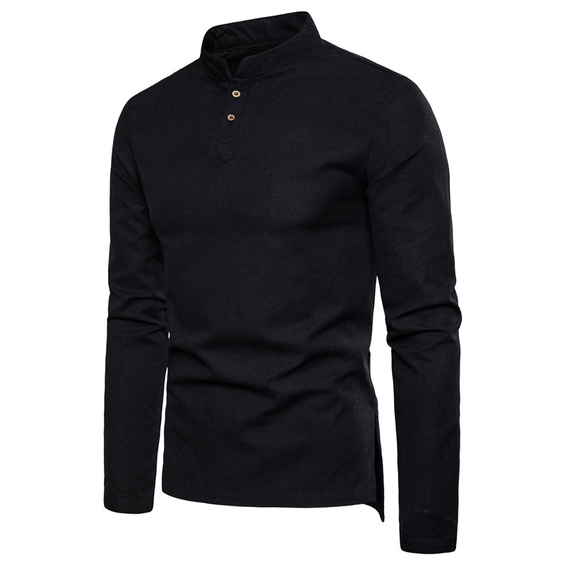  Men Shirt Spring Autumn Long Sleeve Stand Collar Casual Youth Plus Size Slim Fit Shirt black