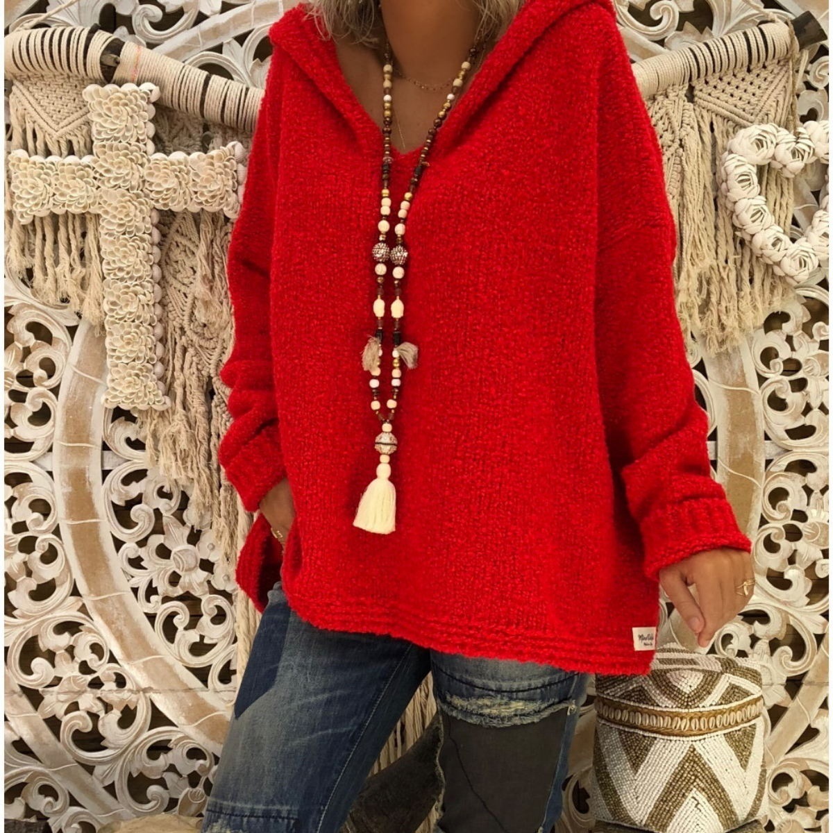 Women Hooded Sweater Autumn Winter Long Sleeve Loose Causal Knitted Jumper Pullover Tops red