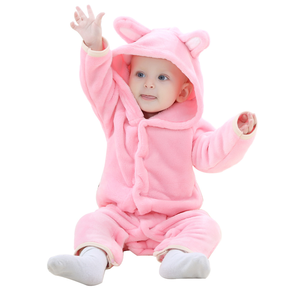 Baby Boys Girls Flannel Jumpsuit Bear Hooded Toddler Infant Romper Animal Clothes pink