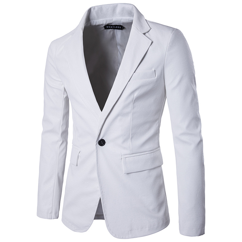 Men Blazer Jacket PU Leather Slim Fit One Button Long Sleeve Casual Business Suit Coat off white