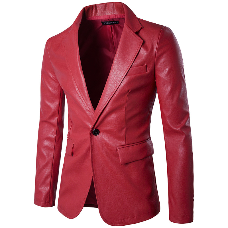 Men Blazer Jacket PU Leather Slim Fit One Button Long Sleeve Casual Business Suit Coat red