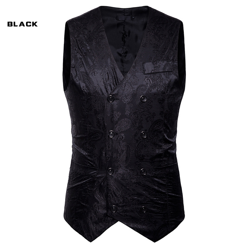 Men Floral Printed Waistcoat Double Breasted Vest Slim Sleeveless Casual Business Formal Suit Coat black