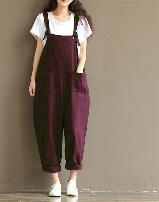 Women Suspender Pants Plus Size Casual Loose Cotton Trousers Long Overalls Rompers dark red