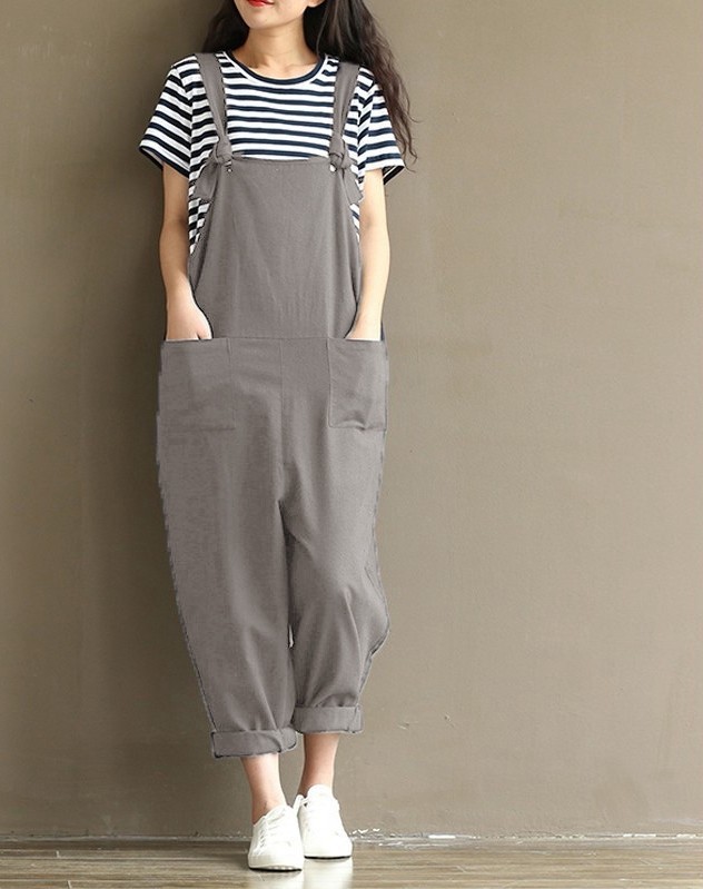 Women Suspender Pants Plus Size Casual Loose Cotton Trousers Long Overalls Rompers gray