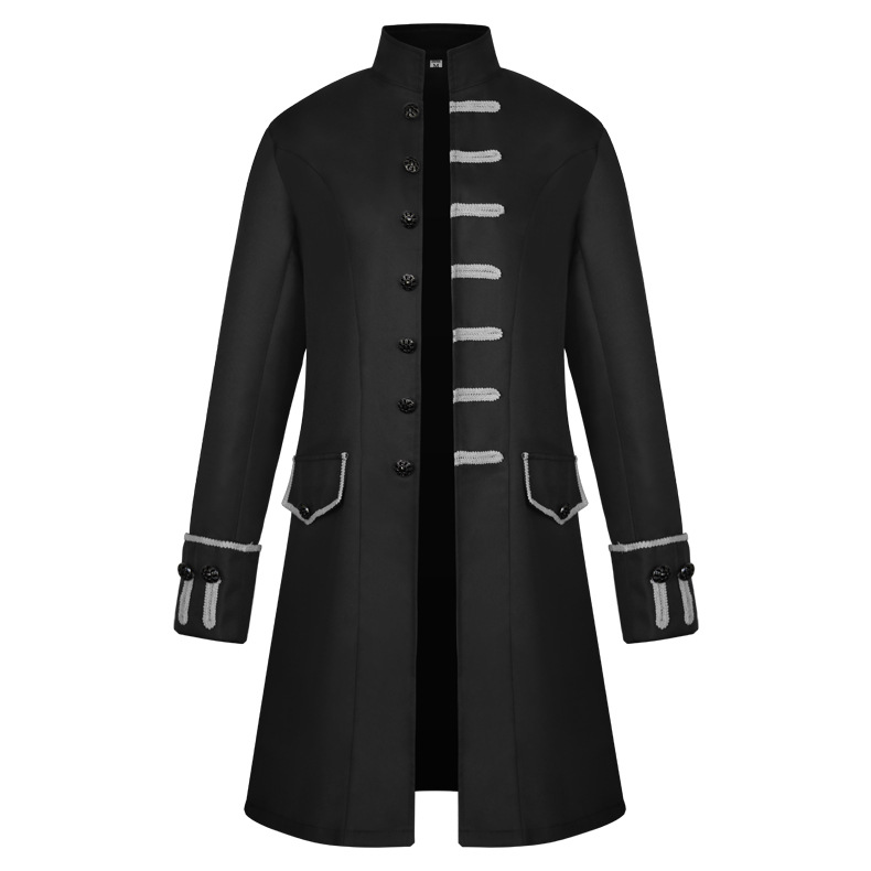  Men Uniform Trench Coat Vintage Steampunk Punk Middle Ages Long Sleeve Jacket Outwear black