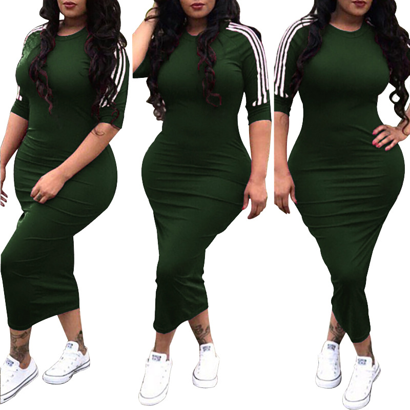 Women Maxi Dress Half Sleeve Striped Patchwork Casual Streetwear Bodycon Long Dress army green