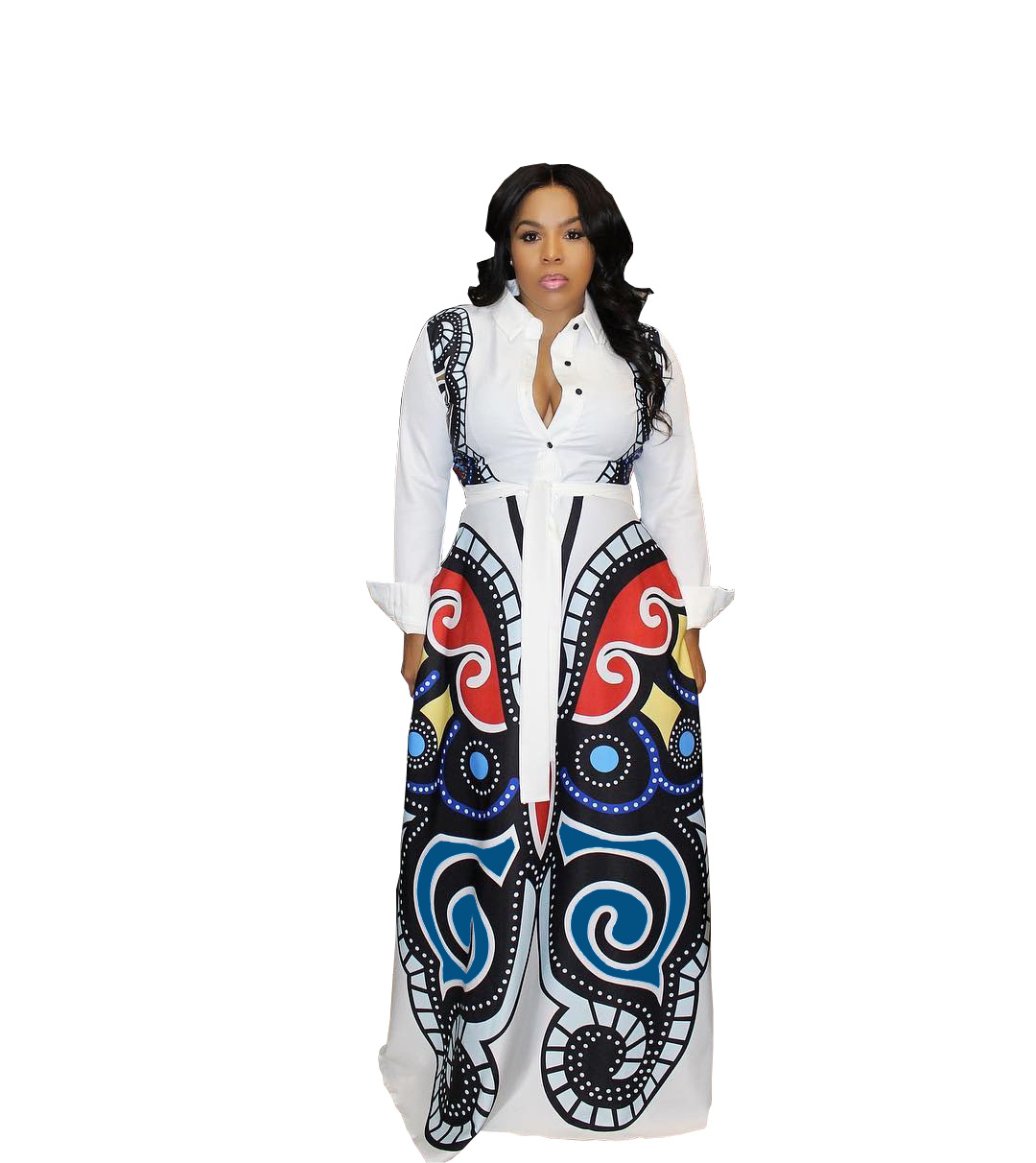 Women Maxi Dress Long Sleeve Butterfly Printed Casual Streetwear Party African Dress off white