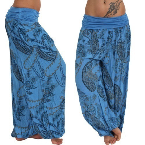 Women Floral Printed Wide Leg Pants Boho Casual Loose Vintage Plus Size Long Harem Trousers blue