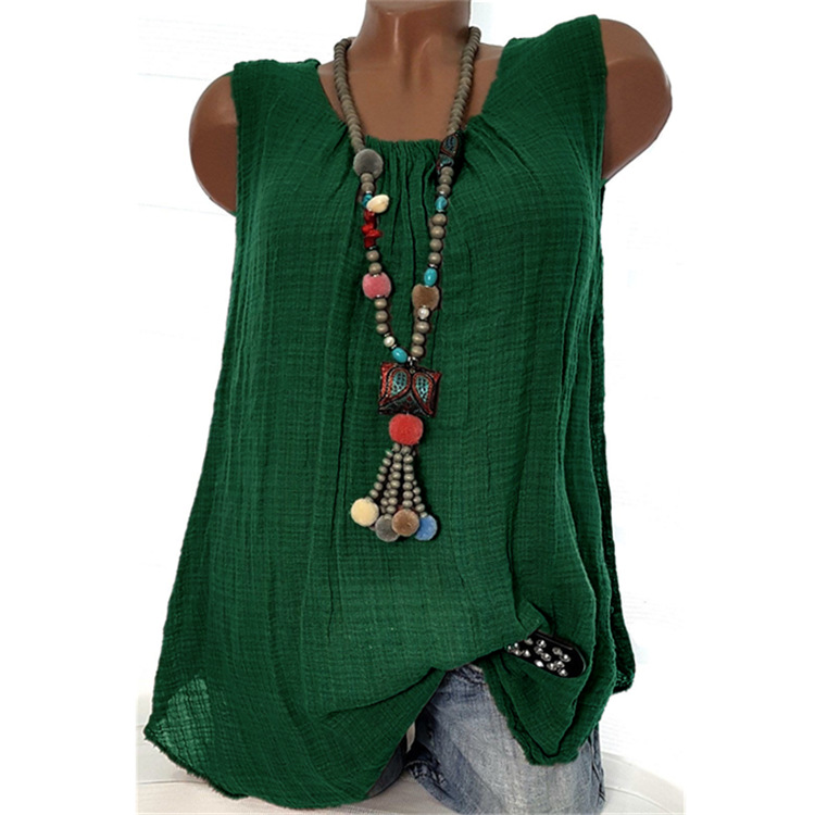 Women Sleeveless T Shirt O Neck Cotton Linen Casual Loose Plus Size Summer Vest Tops Green
