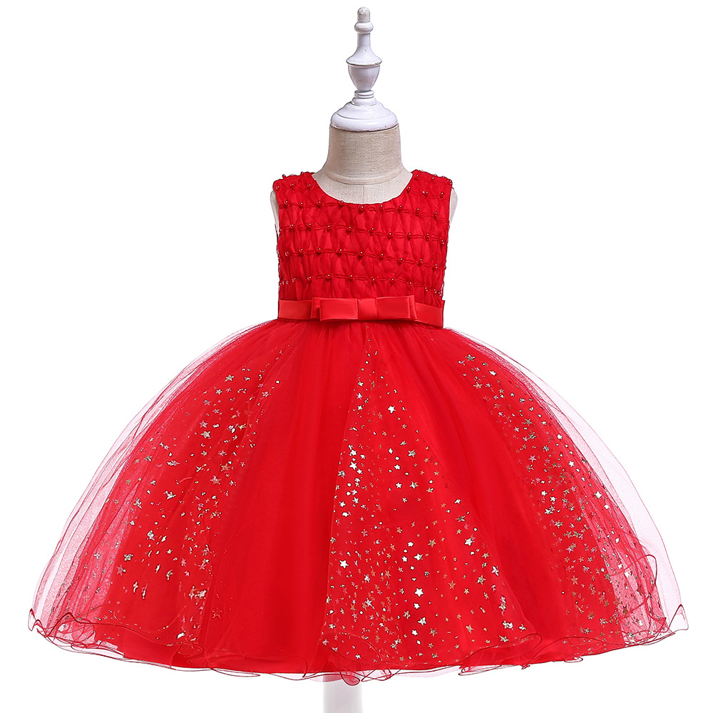 Shining Stars Flower Girl Dress Princess Wedding Party Birthday Ball Gown Children Kids Clothes red