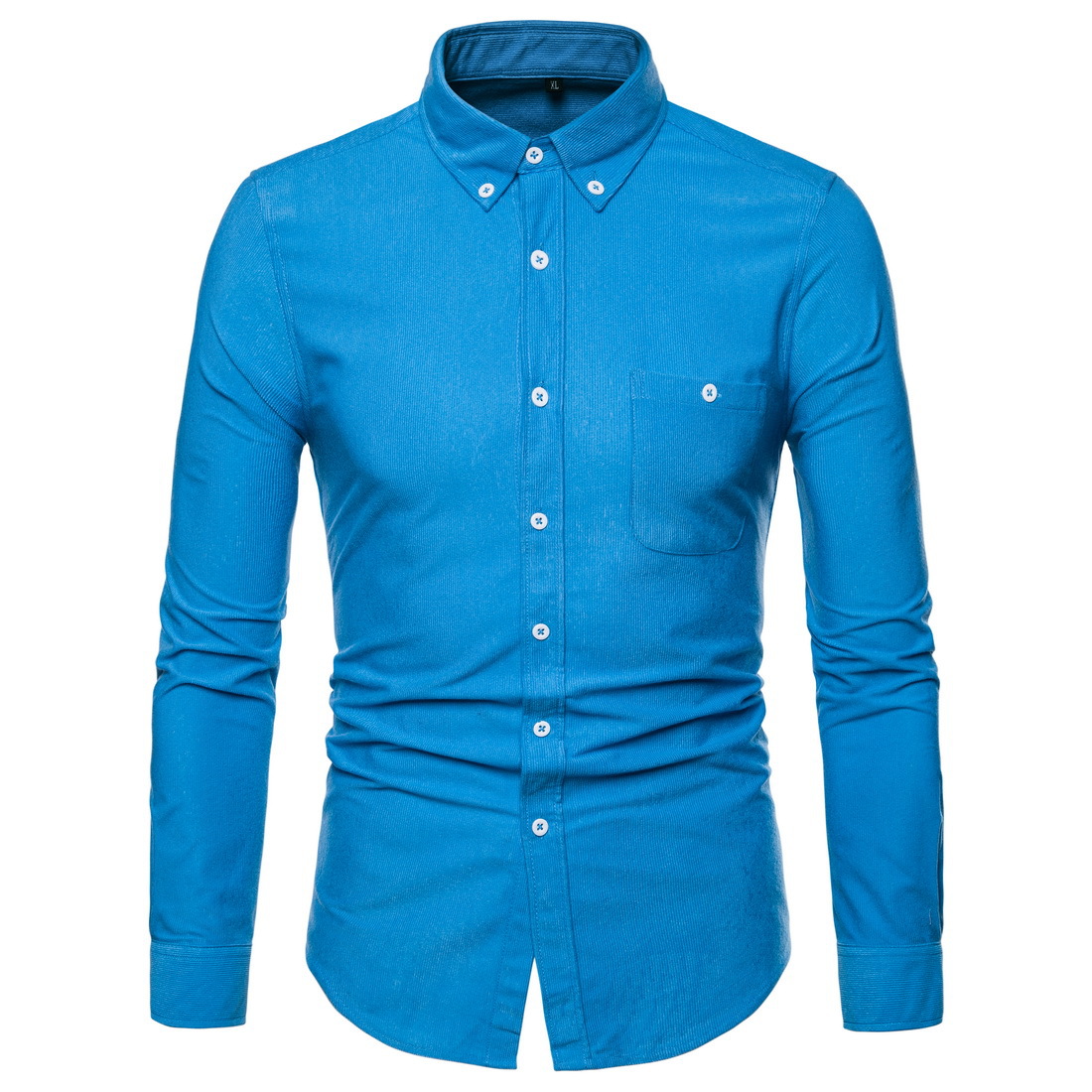 Men Shirt Spring Autumn Corduroy Long Sleeve Single Breasted Casual Slim Fit Plus Size Shirt sky blue