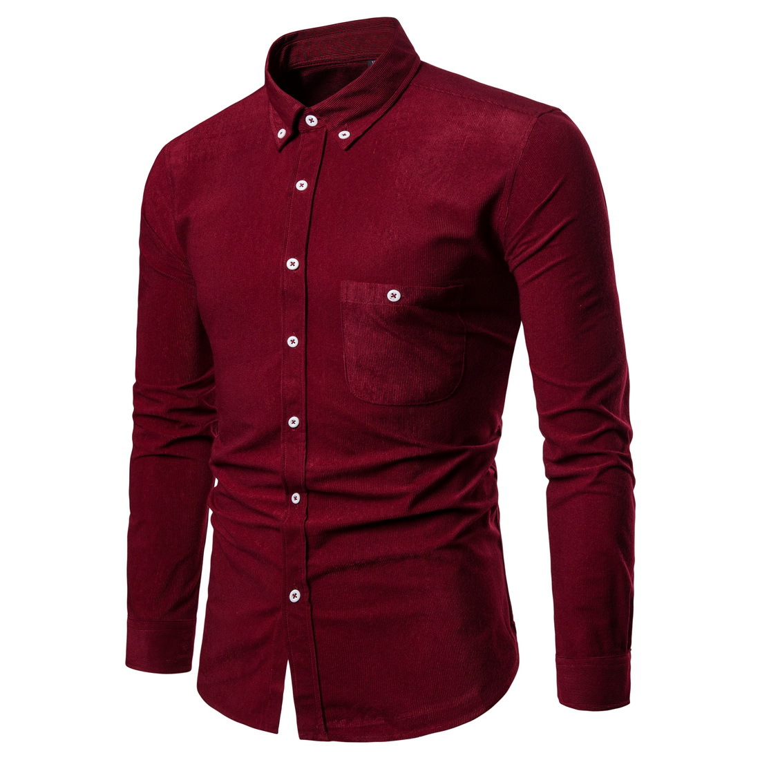 Men Shirt Spring Autumn Corduroy Long Sleeve Single Breasted Casual Slim Fit Plus Size Shirt wine red